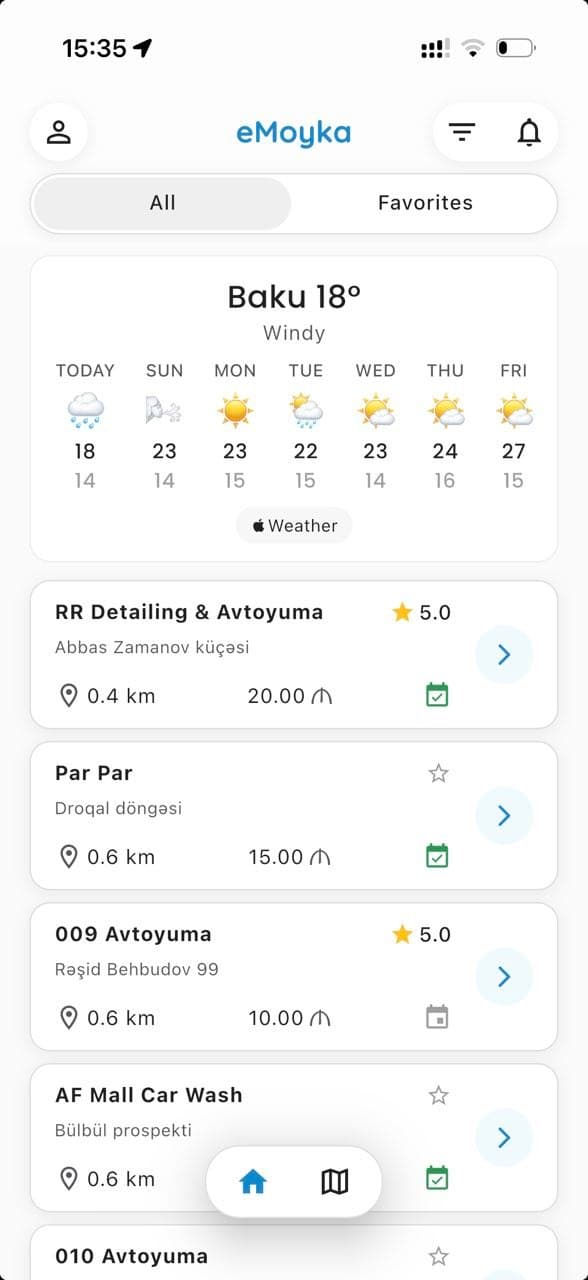 eMoyka app – car wash list